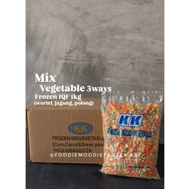 

Mix vegetable 3ways Frozen IQF 1kg/ sayur campur 3 jenis (wortel, jagung, polong)/ sayur frozen