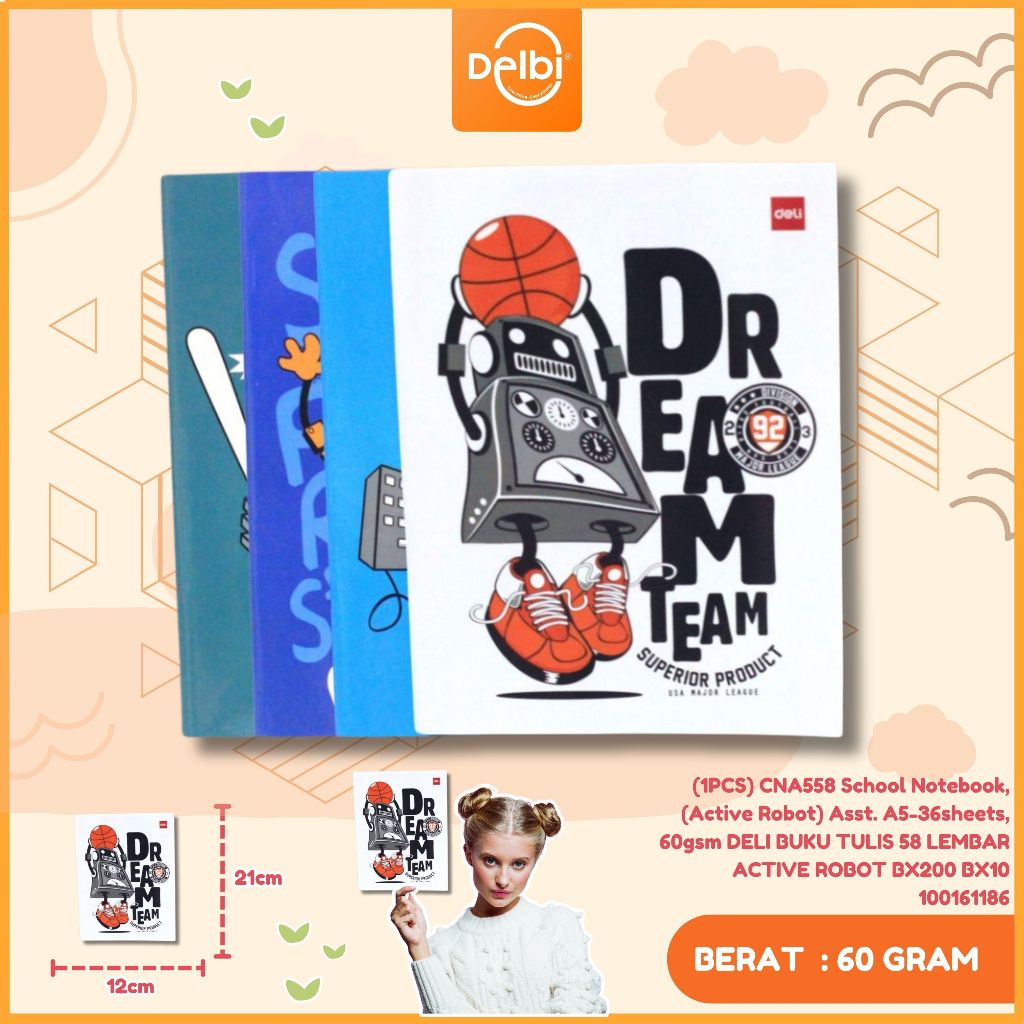 

YENYEN_ATK BUKU TULIS SEKOLAH DELI 58 LEMBAR-ACTIVE ROBOT (1PCS) CNA558 SCHOOL NOTEBOOK (ACTIVE ROBOT) ASST.A5-36 SHEETS , 60 GSM