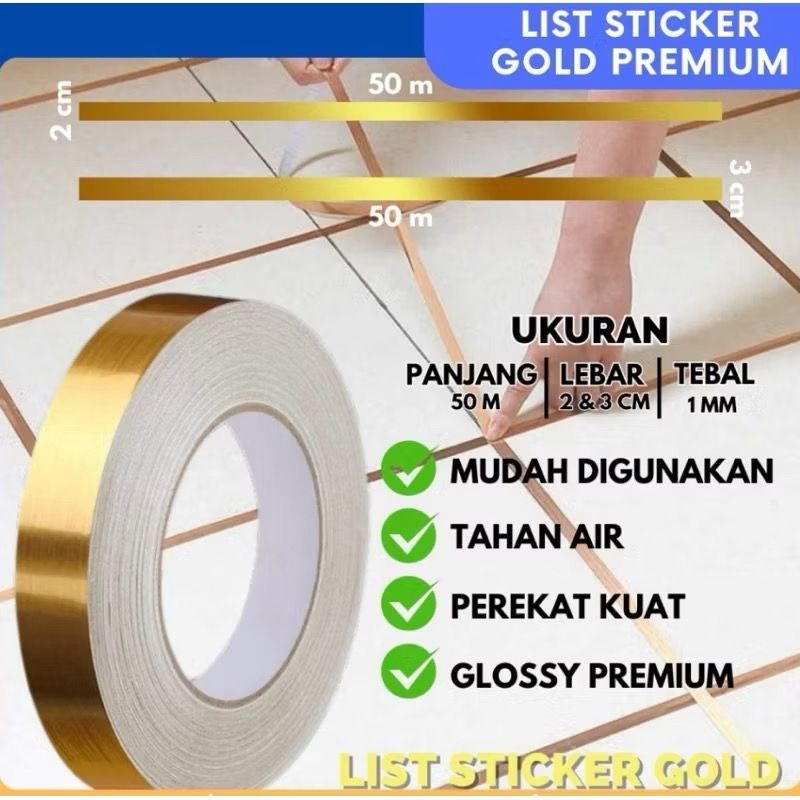 List Sticker Gold 2cm/List Gold Strip/2cmx50m/List Gold/List Gold Dinding/List Gold Dinding/StripDin