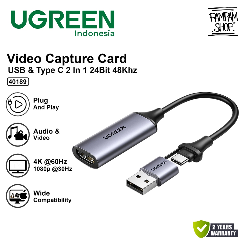 UGREEN 40189 Video Capture Card HDMI Adapter 2 in 1 Type C / USB HD 4K 60Hz Adaptor Tipe C Converter