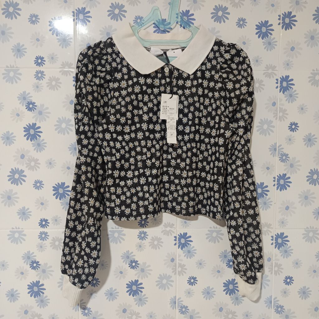 Top Atasan Blouse Sweater Knitwear Wanita Motif Bunga Berkerah Not Uniqlo GU ZARA