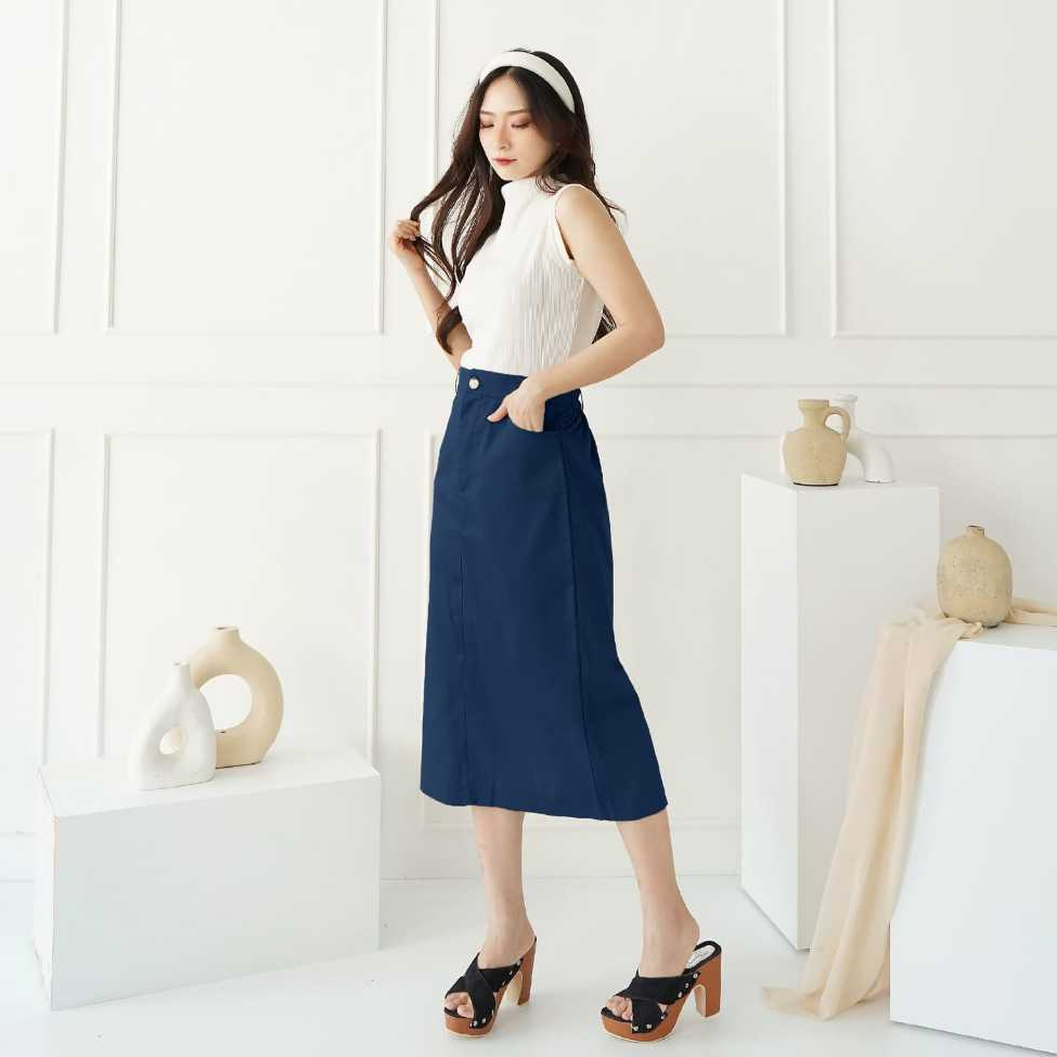 Rok Midi Wanita Polos Bawahan Span Resleting Depan Pinggang Belakang Karet Baju Remaja Kekinian
