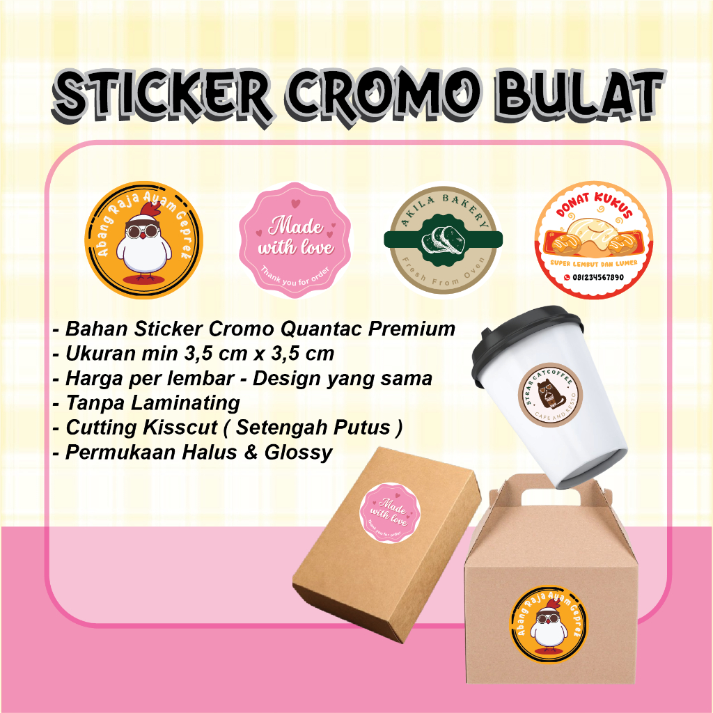 

Cetak Stiker Cromo Bulat Logo Label Makanan Custom Chromo A3+ Print Sticker Jualan Makanan Lingkaran