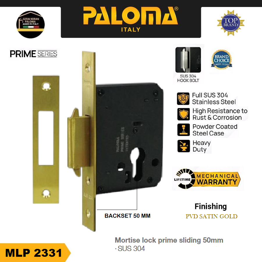PALOMA MLP 2331 Mortise Lock Body Kunci 50mm Pintu Geser Sliding Stainless SUS 304 SUS304 SATIN GOLD