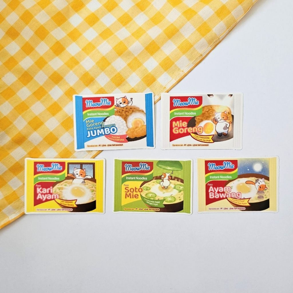 

Meowmie Cat Sticker | Cute Doff Sticker Ayam Bawang Kari Ayam Mie Goreng Jumbo Soto | Sticker Lucu Parodi Mie Instan Indomie LEHA-LEHA CLUB