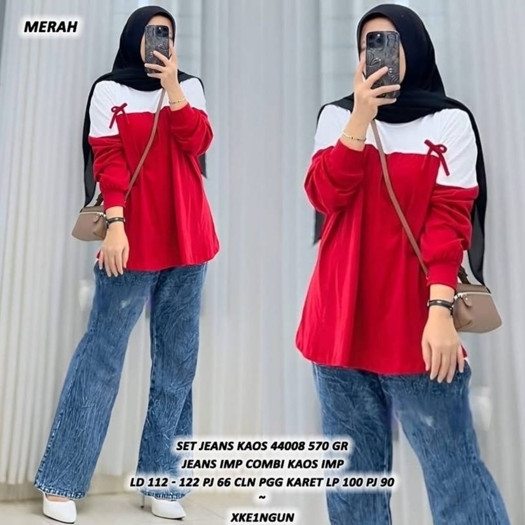ASD 44008 SET JEANS KAOS TERBARU / SET MERAH PUTIH WANITA / READY / REALPICT