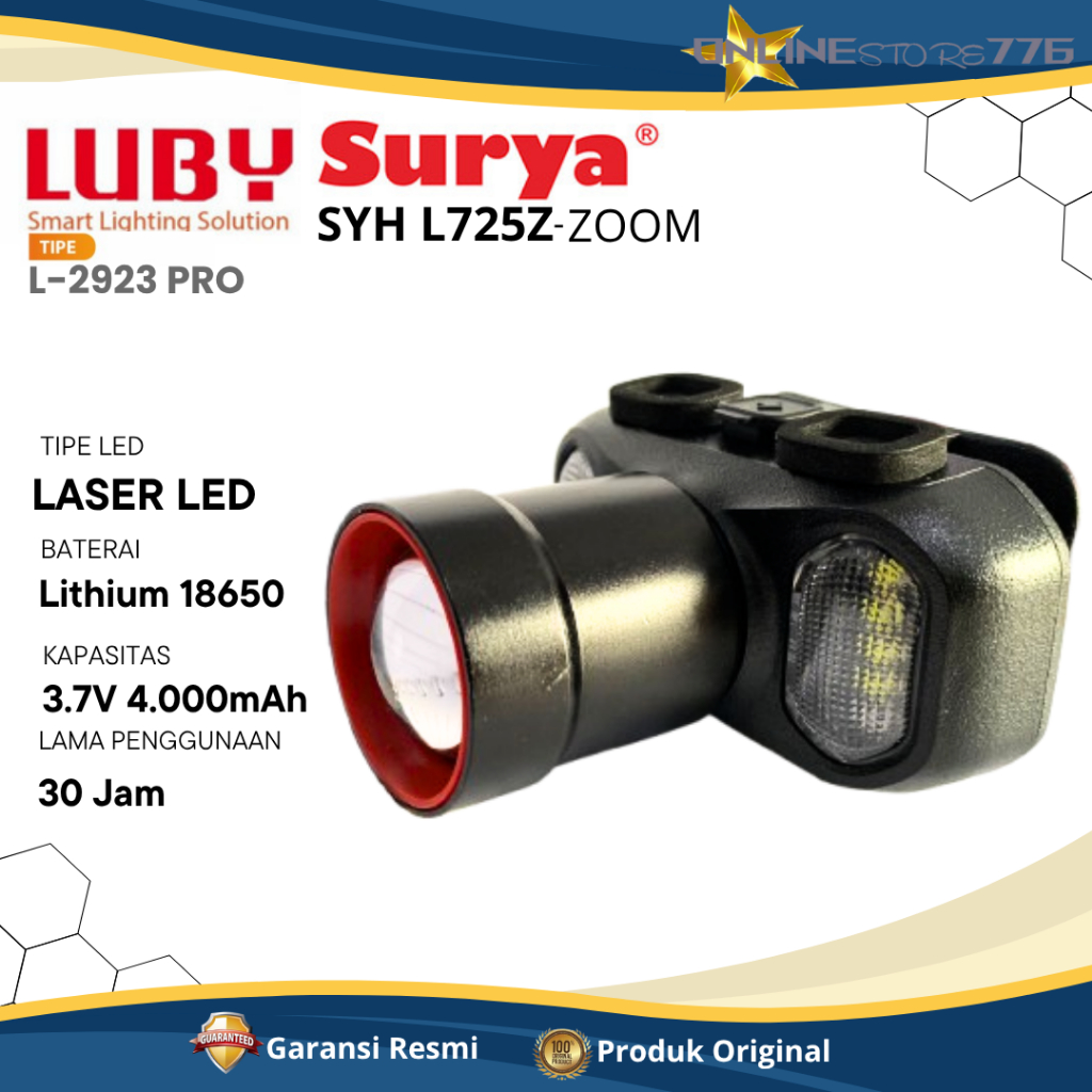 Senter Kepala Zoom Luby L2923 Pro 55W / Surya SYH L725Z 72Watt Water Resistant Cahaya Putih - GARANS