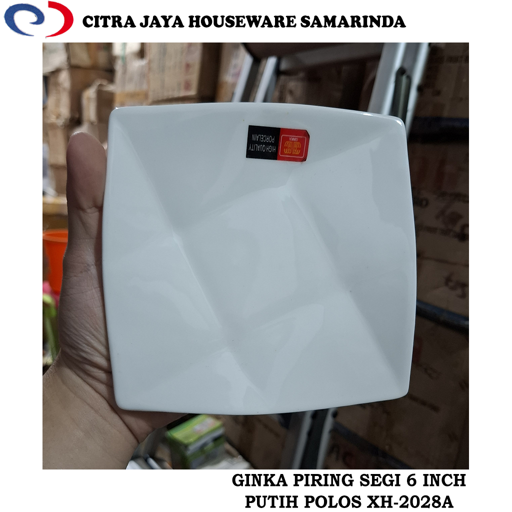Piring Segi Keramik 6 Inch (1 LUSIN / 12 PCS) Putih Polos GINKA XH-2028A