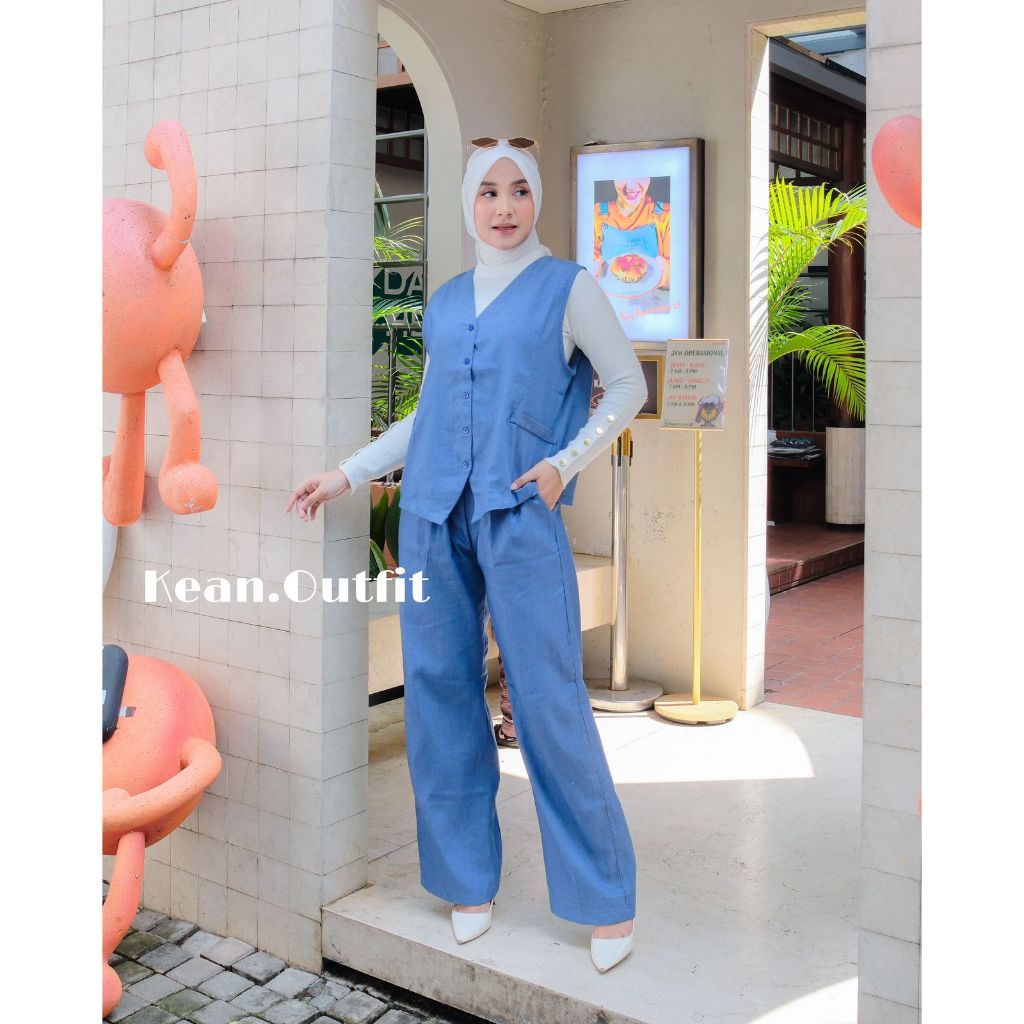 Modenica One Set vest denim kekinian by Kean.Outfit bahan Soft Denim pinggang full karet