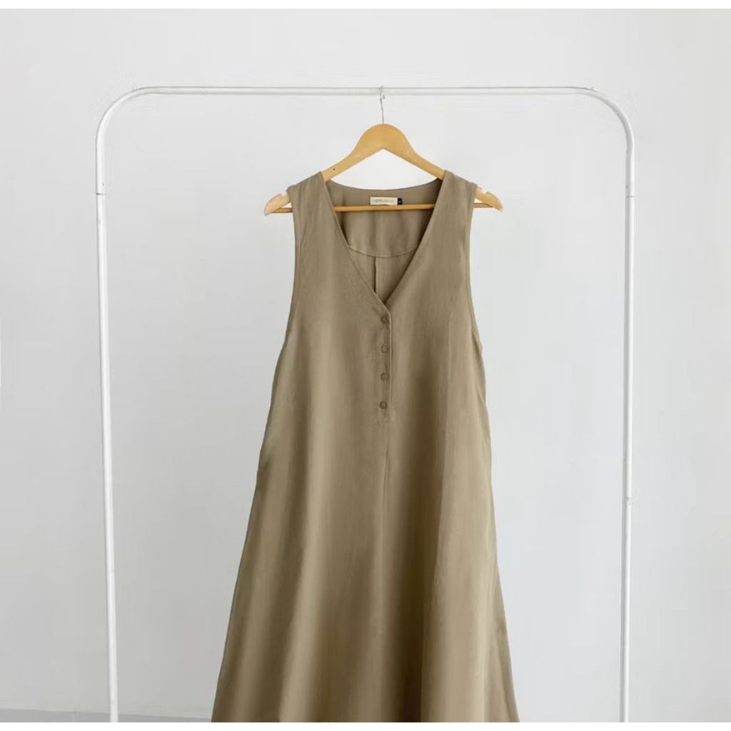 DRESS V NECK LINEN - coffee