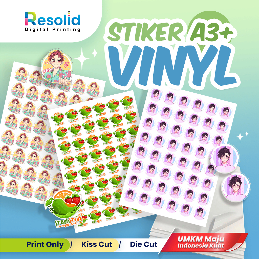 

CETAK STIKER VINYL A3+ CUSTOM | DIE CUT / KISS CUT | LABEL KEMASAN, LOGO USAHA, SOUVENIR, BRANDING MAKANAN & MINUMAN | TAHAN AIR, WARNA TAJAM | STIKER PROMOSI, LABEL PRODUK UMKM, KEBUTUHAN CRAFT & PACKAGING | BISA DESAIN SENDIRI RESOLID