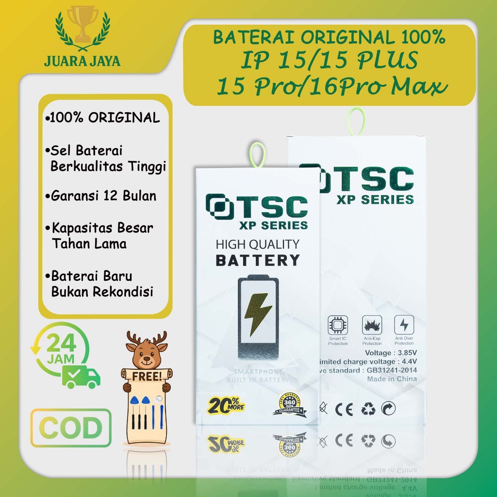 BATERAI 100% ORIGINAL FOR IPHONE 15 / 15 PRO / 15 PLUS / 16 PROMAX Baterai Batre Batrey JUARA JAYA