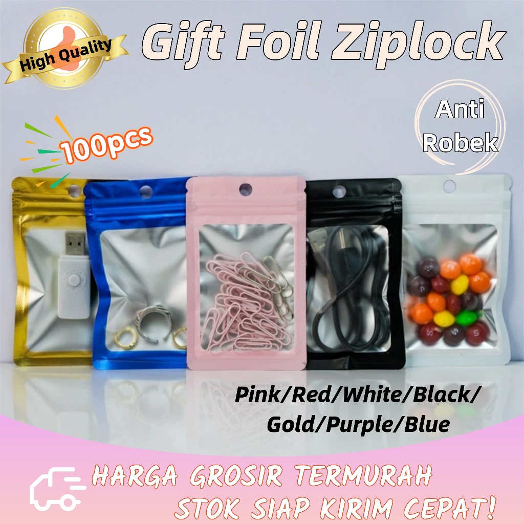 

100pcs Aluminium Klip Pouch Hologram Kemasan Plastic Ziplock Gift Mini Warna Pink Resealable