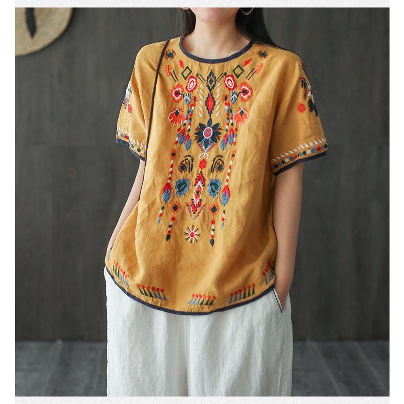 Fashion Musim Panas Katun Linen Bordir Blus Lengan Pendek