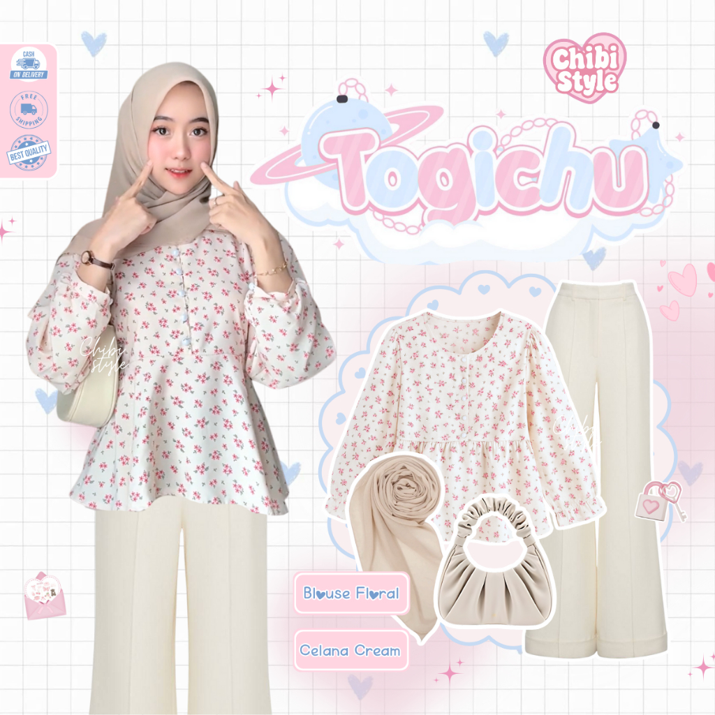 Ootd Wanita Kekinian Remaja One Set | Hijab Cream, Blouse Floral, Cutbray | Ootd Wanita Remaja -CS22