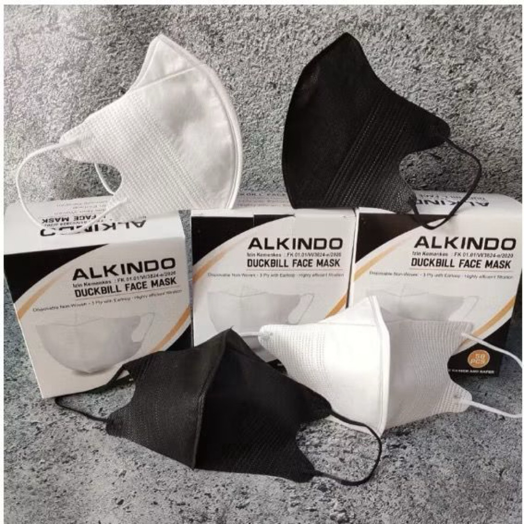 UNQ Masker Alkindo Duckbill 3ply Earloop 50pcs | Hitam & Putih | Masker Medis
