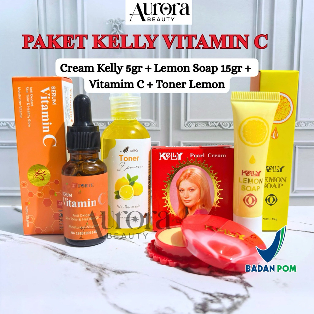 Paket Kelly 4in1 Cream Kelly 5gr +Serum Vitamin C Forte + Toner Pelicin+ Lemon Soap 15gr