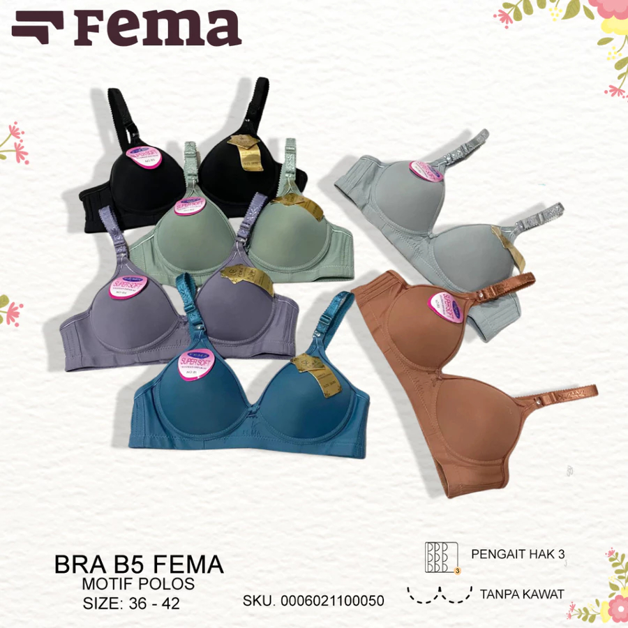 Bra Wanita Polos FEMA Tanpa Kawat Nyaman Support BH Dewasa Pengait 3 & 2 Size 34-42