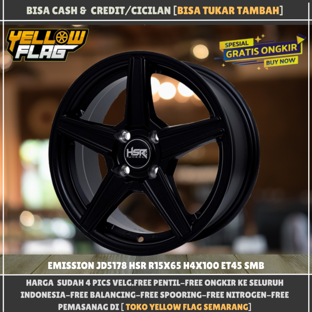 Velg hsr iriginal tipe emission ring 15 lubang baud 4x100 et45 lebar 6,5 semi matt black r15
