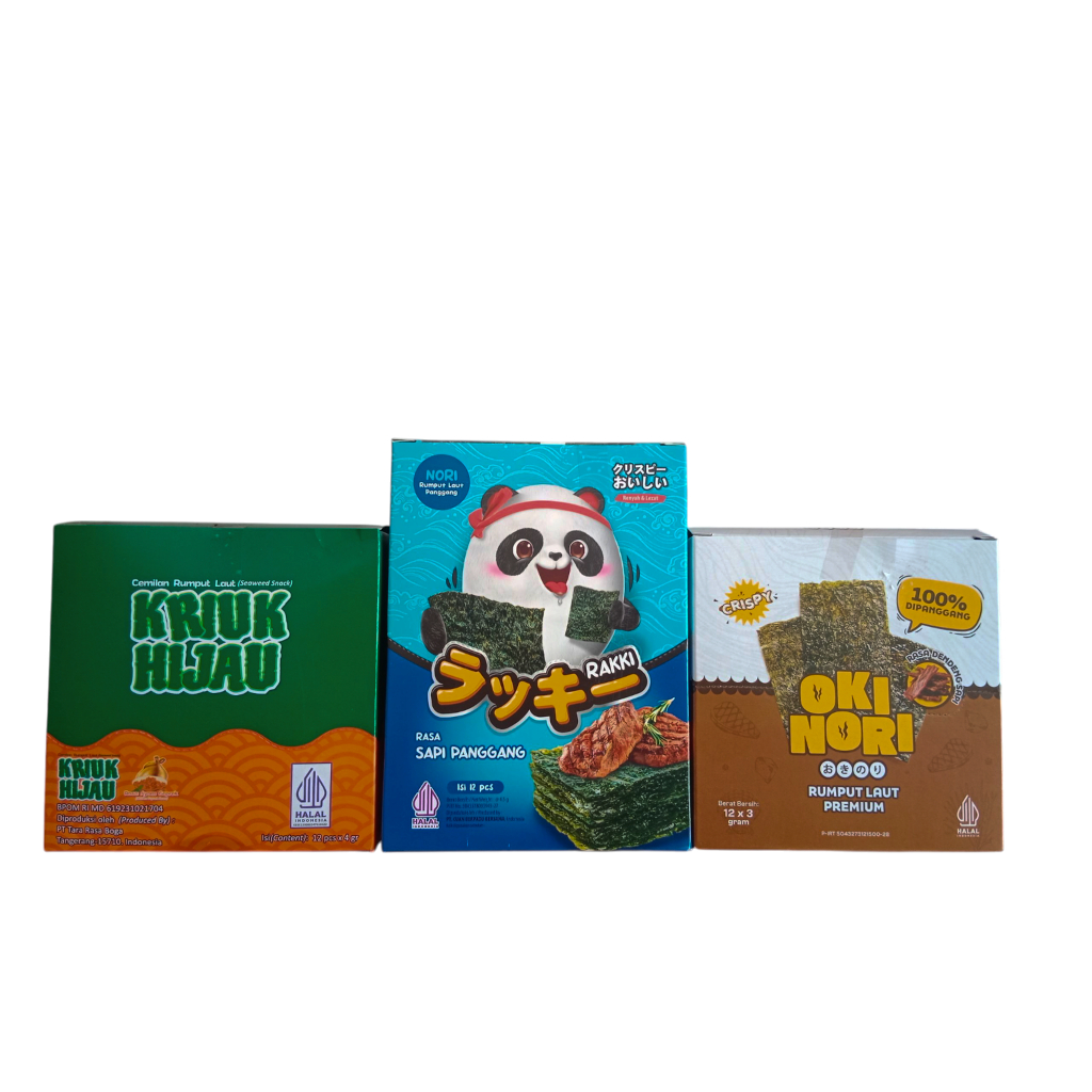 

Nori Rumput laut yang dipanggang 1 box isi 12 pcs tersedia 3 varian Nori Rakki, Oki Nori dan Kriuk Hijau