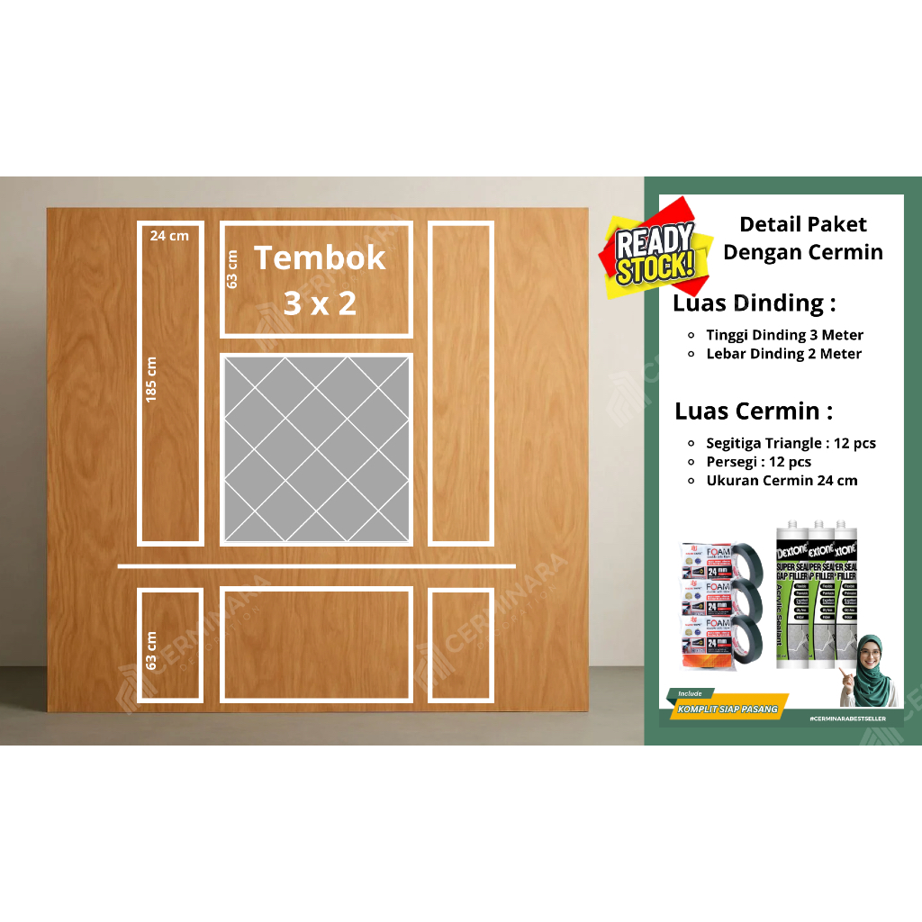 Paket Wall Moulding Tembok 3 Meter x 2 Meter + Kaca Cermin | Free Gift Lis Sticker Gold | Single Lis