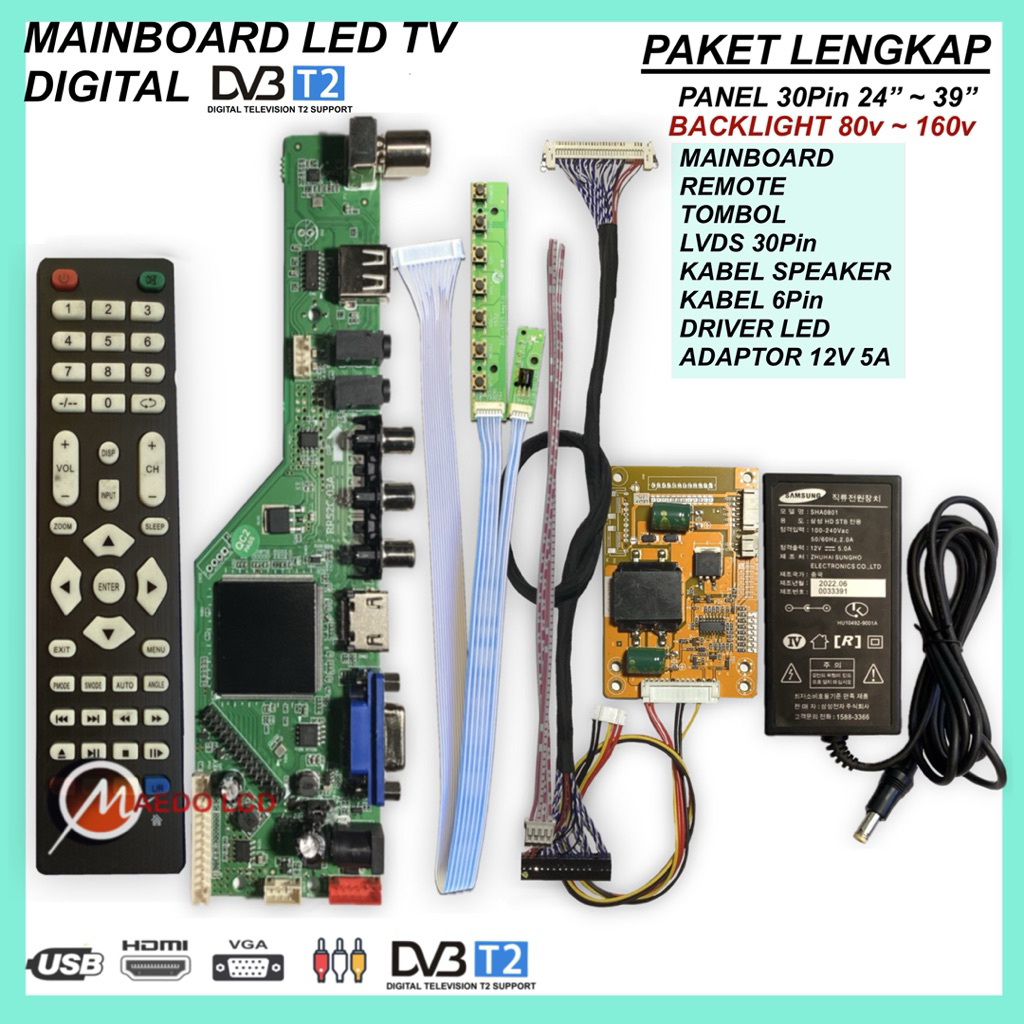 Universal LED TV Board Digital DVBT2 | Paket lengkap Panel LED 24"- 39" 30pin