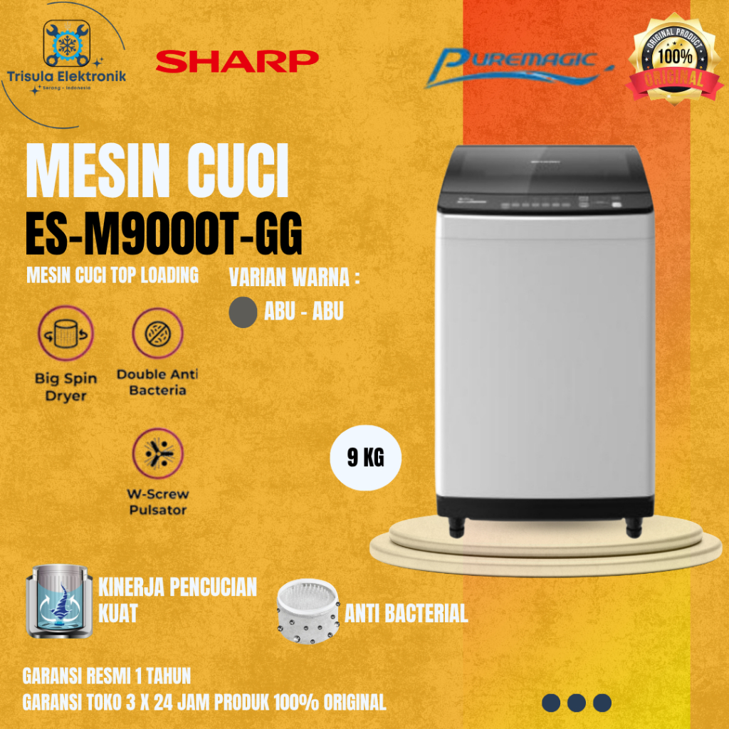 Sharp Mesin Cuci ES-M9000T-GG / ESM 9000 T GG, 1 Tabung Kapasitas 9 Kg Top Loading Megamouth Series