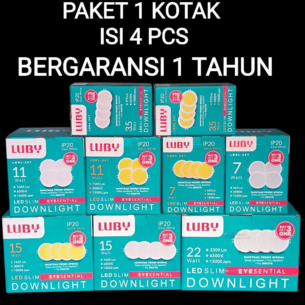 PAKET 1KOTAK ISI 4 PCS LAMPU DOWNLIGHT LED LUBY 3.5W 7W 11W 15W 22 WATT BULAT INBOW TANAM PLAFON PUT