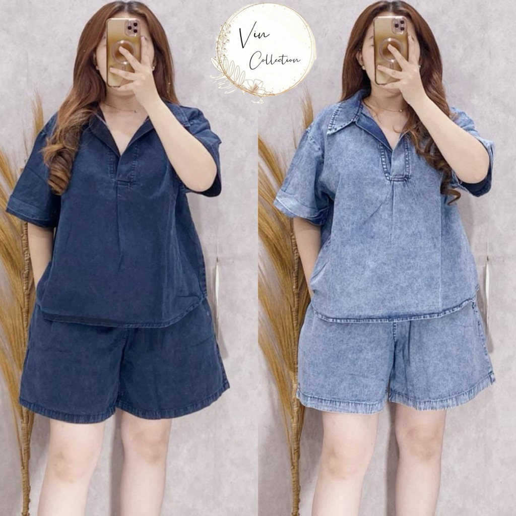 48266 SETELAN HP JEANS POLOS KERAH LD116 WANITA|SETELAN CELANA PENDEK
