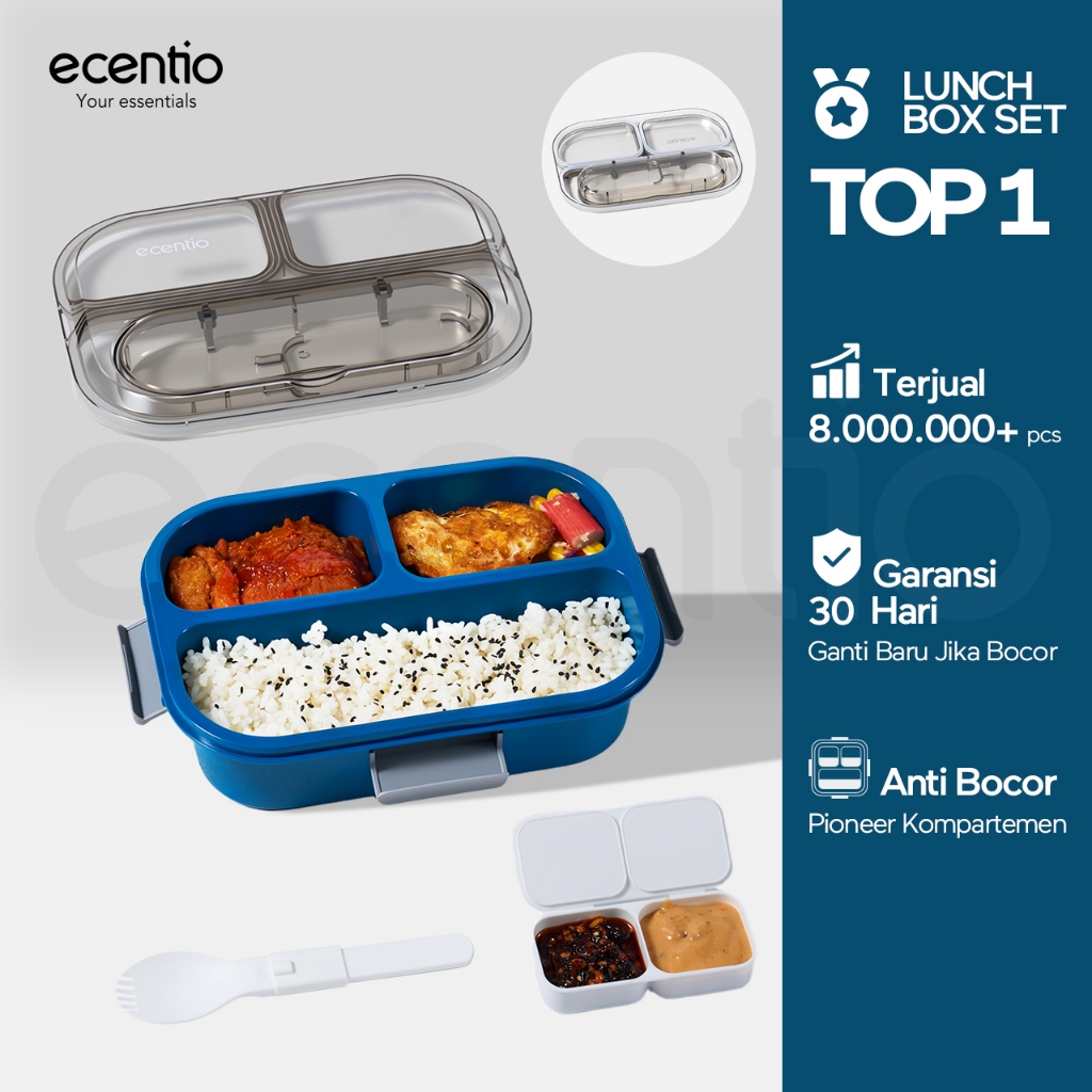 [Live Exclusive]ecentio lunch box 2.0 anti tumpah kotak bekal anti tumpah 1100ml 3 gird lunch box se