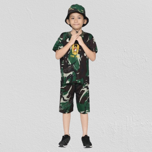 Baju Tentara Anak Laki-Laki Stelan Kaos TNI Tangan Pendek Loreng Topi Rimba