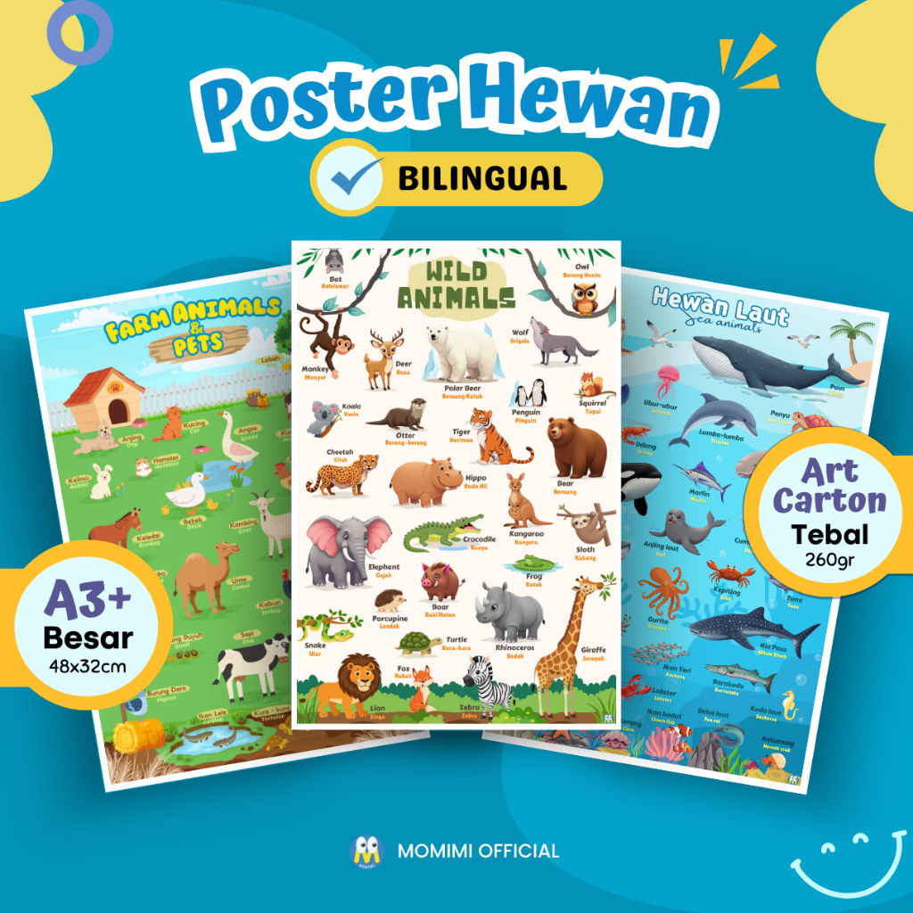 Poster Hewan Edukasi Anak Mengenal Macam Hewan Binatang Liar, Laut, Ternak Bilingual Estetik