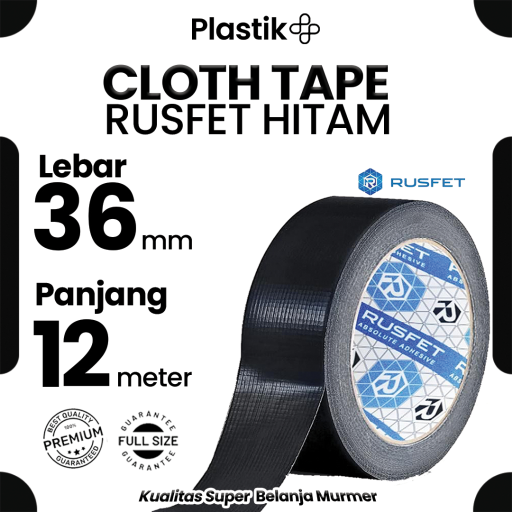 

Lakban Kain Hitam / Cloth Tape isolasi 36mm x 12meter / Solatip Kain Merek Rusfet Harga Satuan Ecer