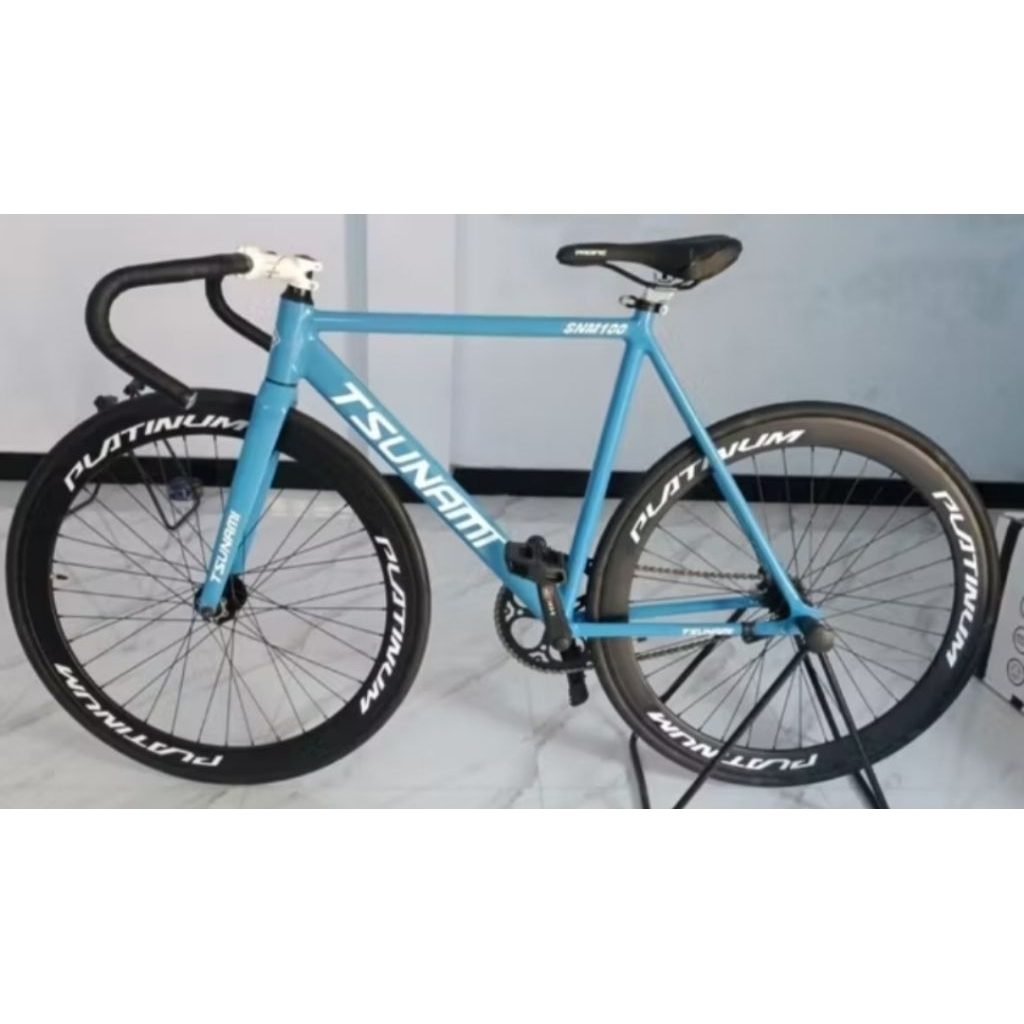 Sepeda fixie Tsunami  custom murah snm 100 biru cerah stiker velg platinum