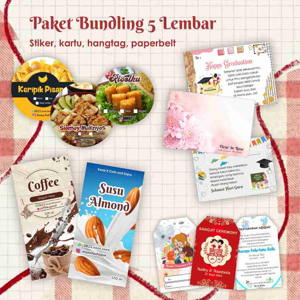

[PAKET 5 LEMBAR] Stiker cromo, transparan, vinyl, tema makanan, buket, bday, tasyakuran, dll