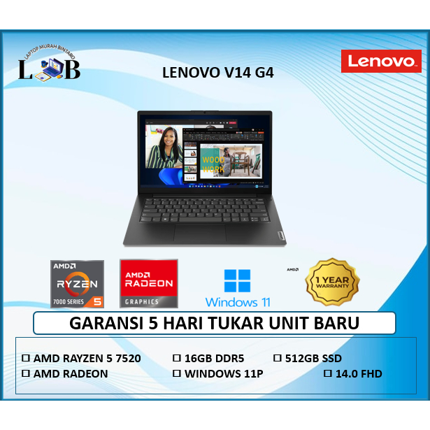 Laptop Lenovo V14 G4 Ryzen 5 7520U RAM 16GB 512GB SSD 14.0" FHD WIN11