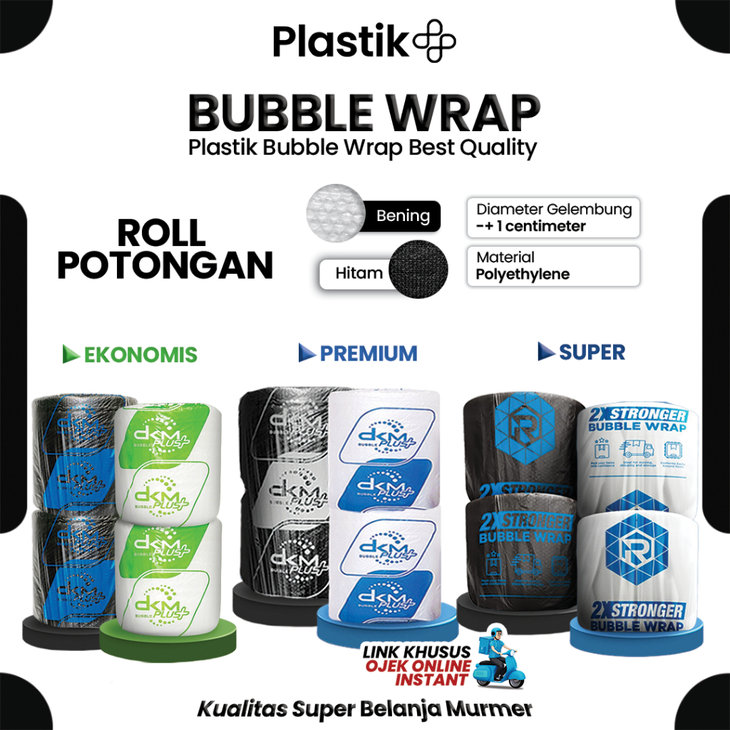 

Plastik Bubble Wrap DKM Potongan 30cm 40cm 60cm 80cm x Panjang 50meter Warna Putih Bening & Hitam
