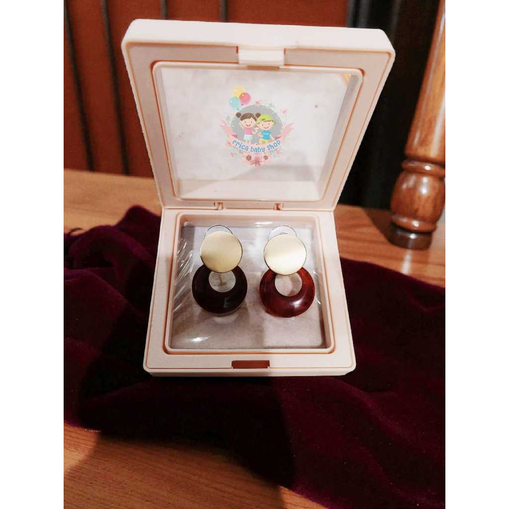 Anting Anting Bulat Merah Delima + Box
