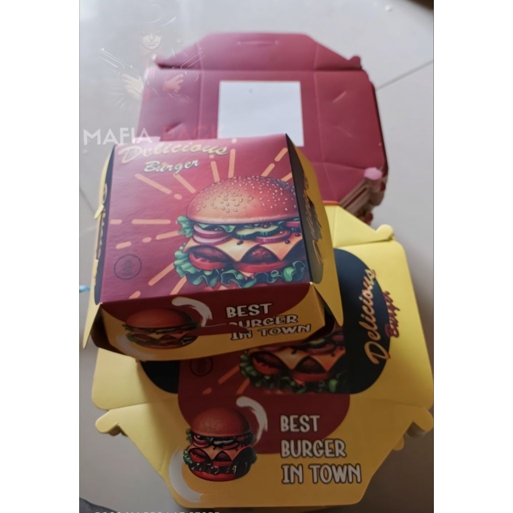 

Box burger (100 pcs) Kemasan Burger/packaging burger/kotak burger bahan kertas ivory foil tahan minyak motif dan warna cerah kekinian harga termurah langsung pabrik