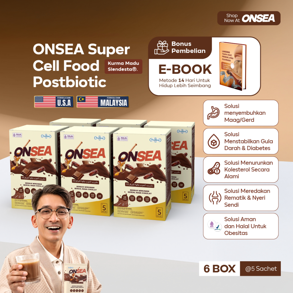 

ONSEA SUPER CELL FOOD (POSTBIOTIC SLENDESTA KURMA MADU) 6 BOX | Formulasi dari USA & Malaysia – Pengganti Makan Sehat dengan Multigrain, Protein & Vitamin Lengkap