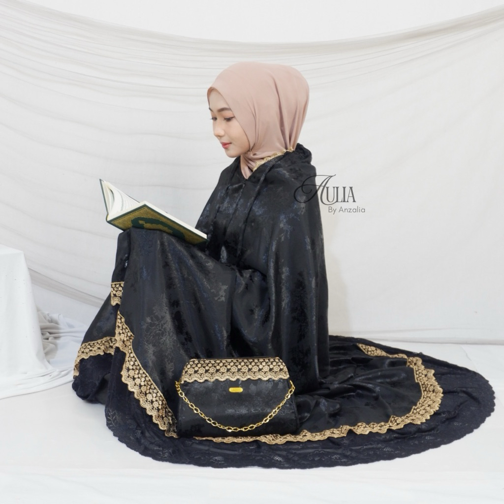Mukena Silky Premium Mewah Resleting 2in1 Jacquard Silk Hitam Elegan Sauda Series