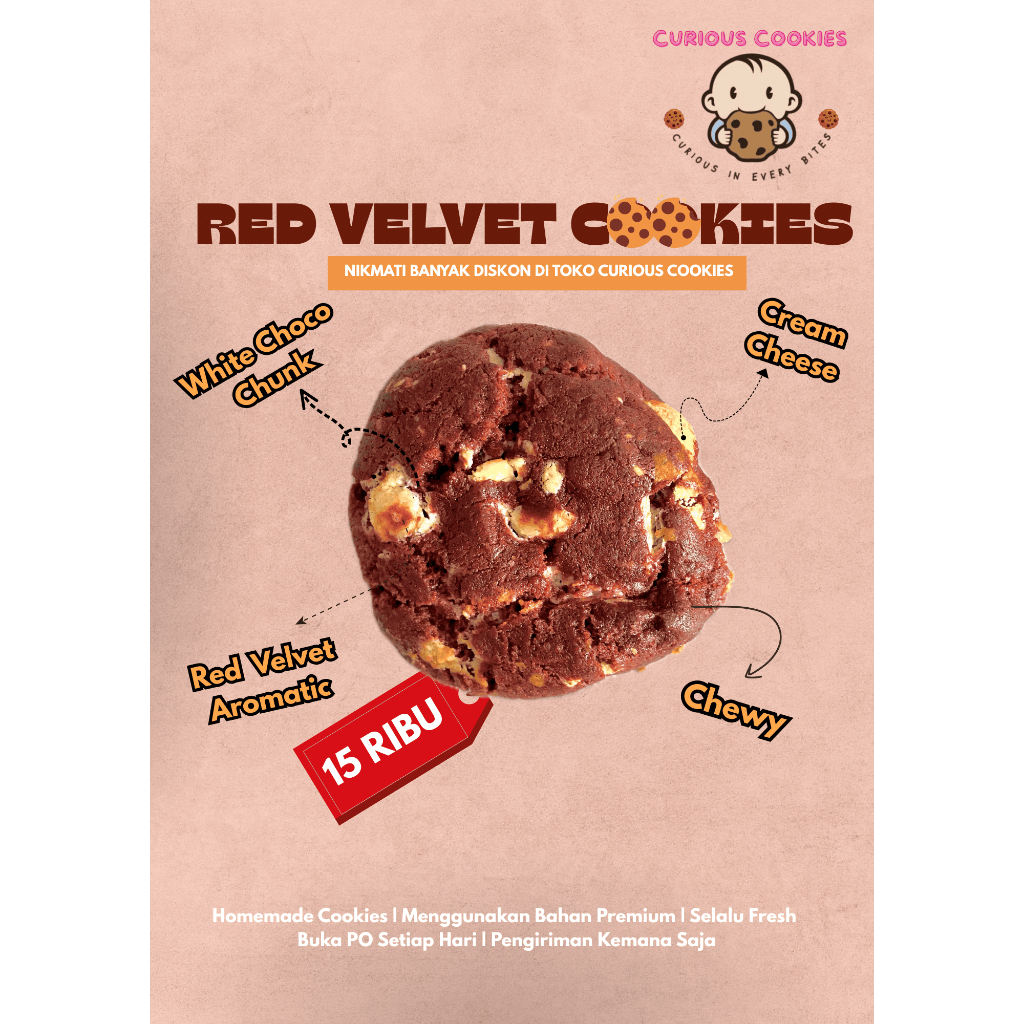 

Red Velvet Cookies Hanya 15 Ribu, Bahan Premium, Red Velvet Filling dan Cream Cheese