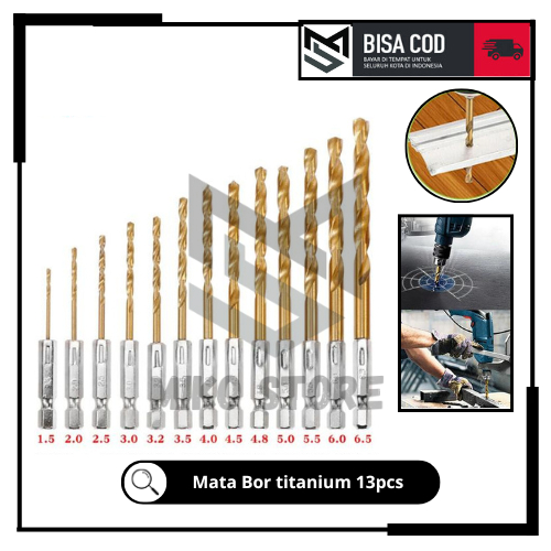 Mata Bor Power Drill Steel Titanium Hex Shank 13 PCS Mata Bor Twist Drill Titanium 13 Pcs