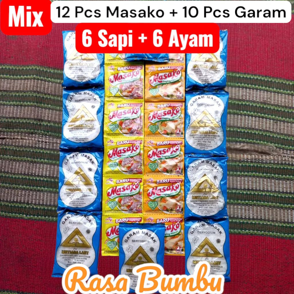 

Mix Masako 6+6 (12pcs) ayam sapi | 10 pcs garam masak beryodium cap segiti mas teknologi modern + Masako 12 mix Pcs daging pilihan bumbu rasa baru sapi ayam