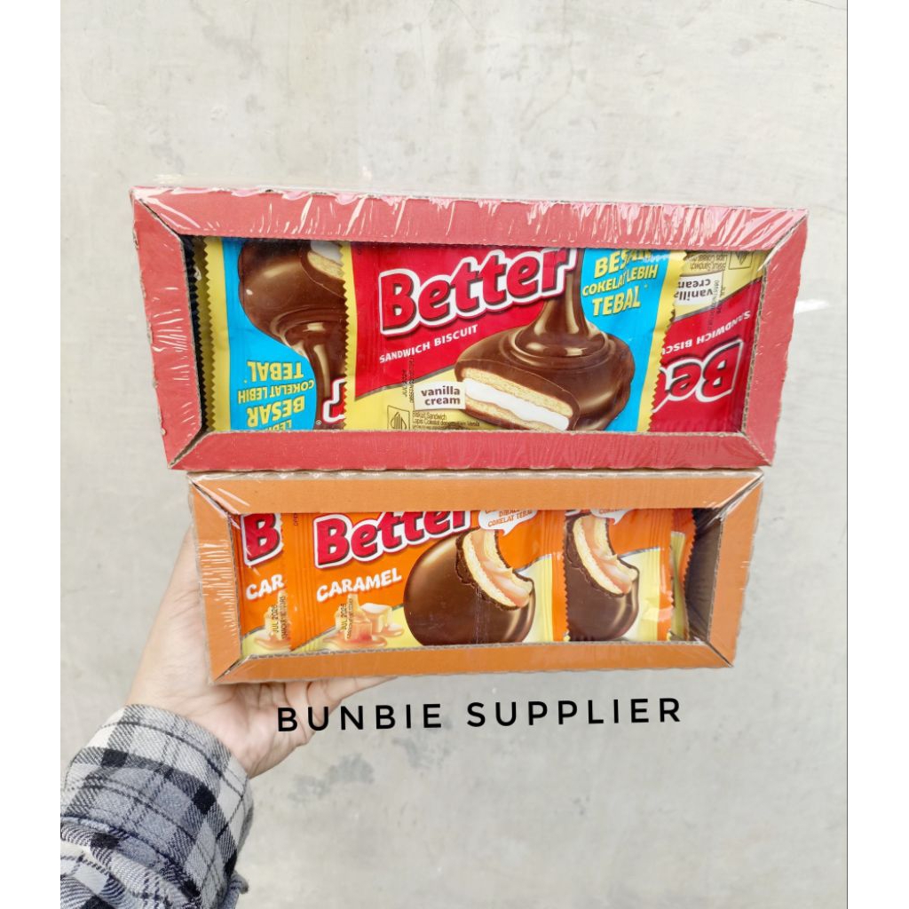 

Better Bigger Sandwich Biscuit Vanilla Cream 27gr x 10pcs / Better Rasa Caramel Isi 10pcs
