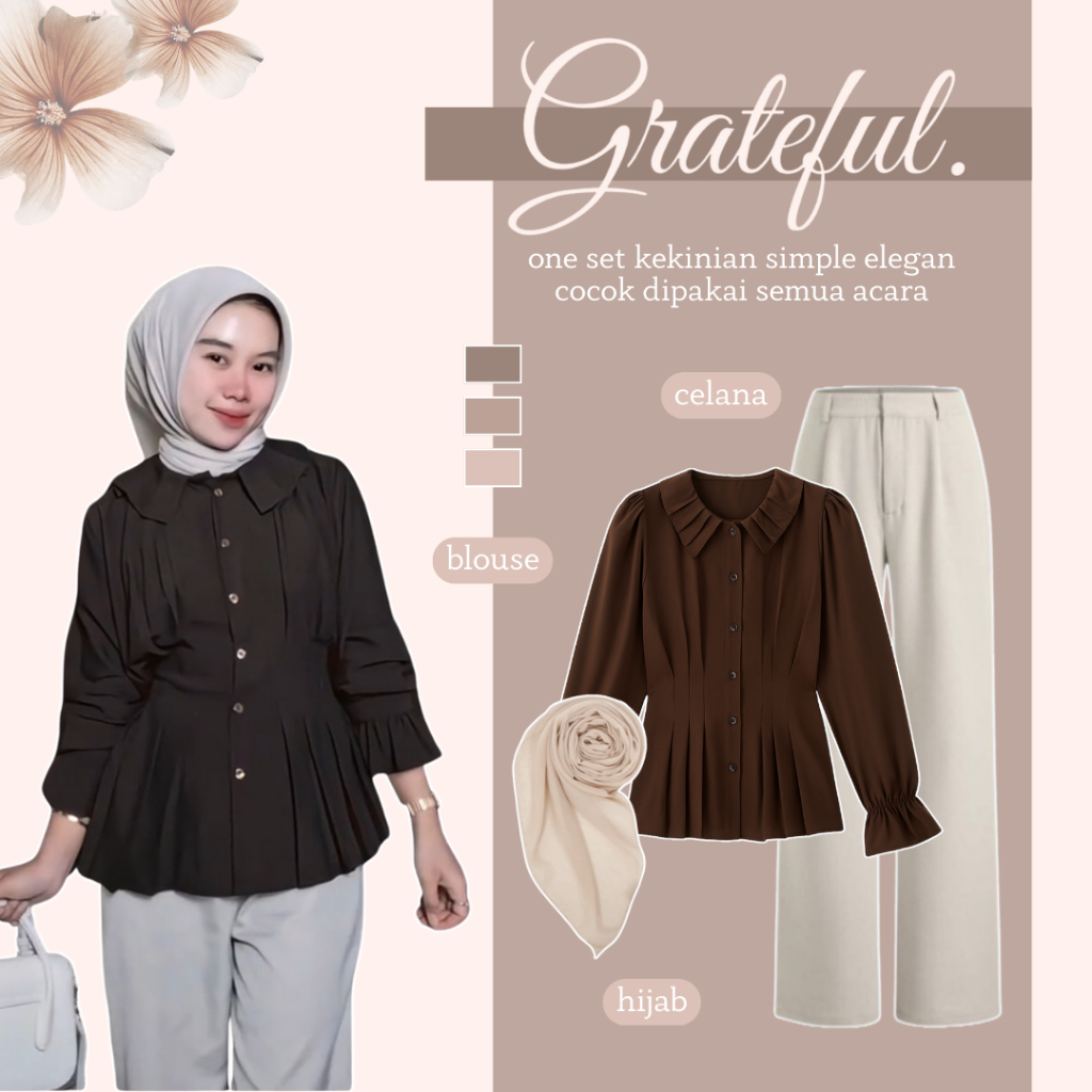 One Set Hijab Remaja Dewasa | Atasan Blouse + Celana Kulot + Hijab | Setelan untuk Ngafe - AM78N