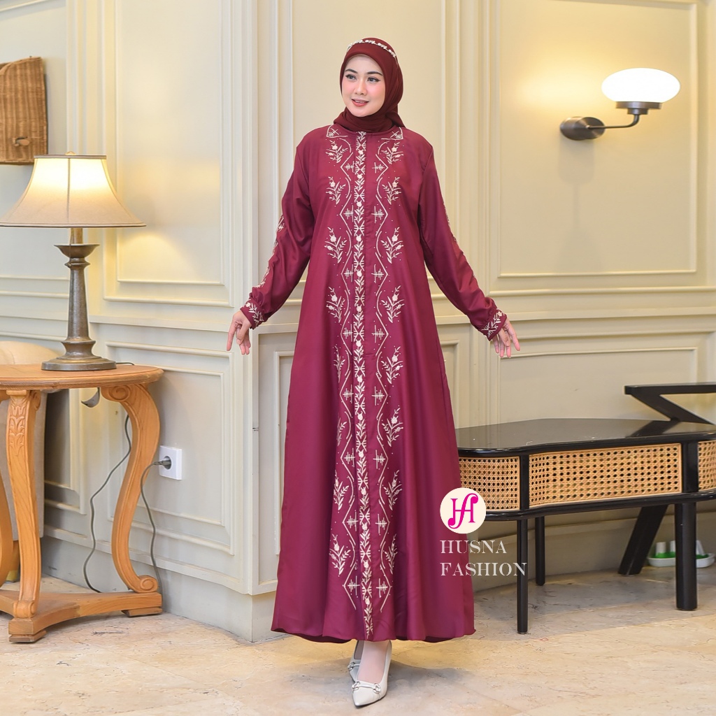 Gamis Katun Bordir Elegan – Navy, Mahogany, Burgundy, Mocca | Size M–XXL (LD 100–120) | Adem & Nyama