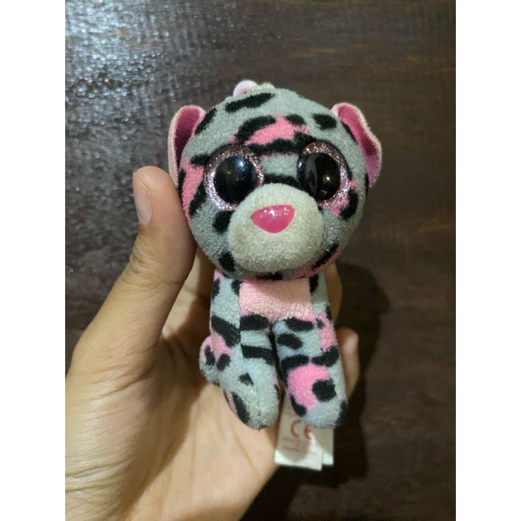 TY Beanie Boos Keychain  leopard gray pink- Gantungan Kunci  Boneka Bentuk macan tutul abu abu pink