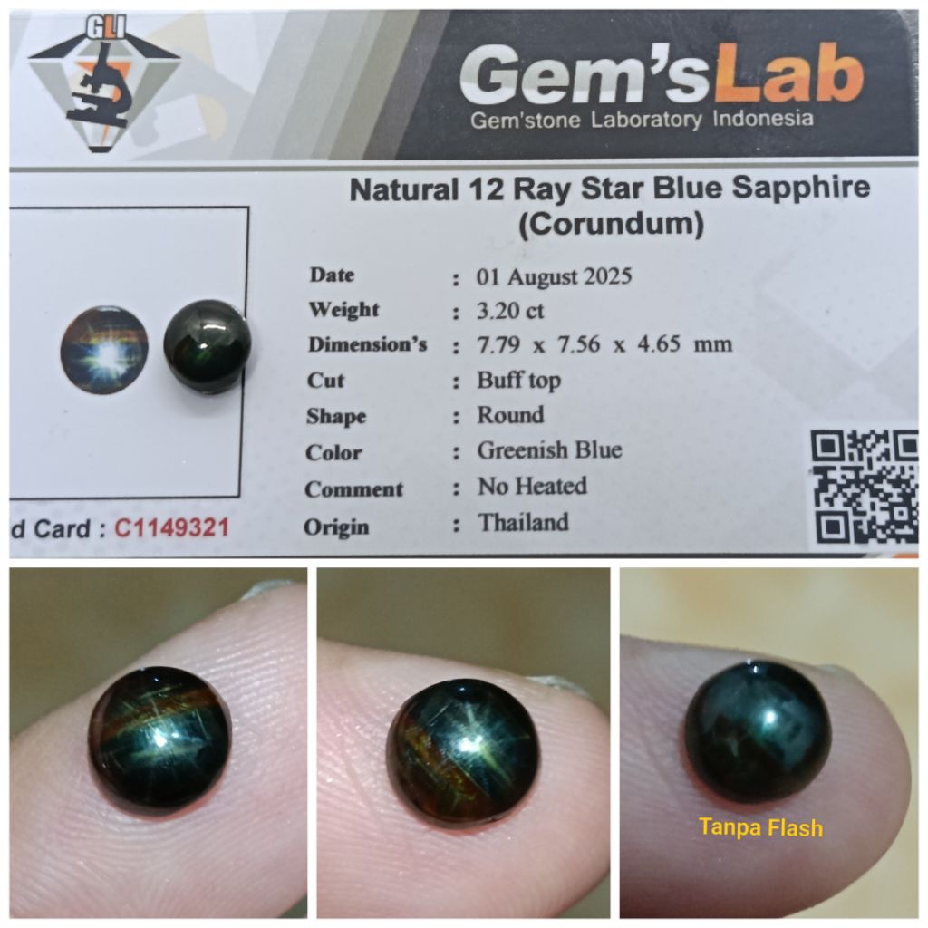 Natural Blue Star Sapphire Thailand 3,2ct memo GLI safir star 12 No Heat