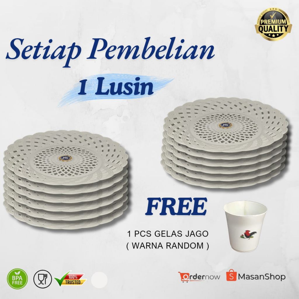 PIRING ROTAN PLASTIK 12 PCS (1 LUSIN) BPA FREE WARNA PUTIH